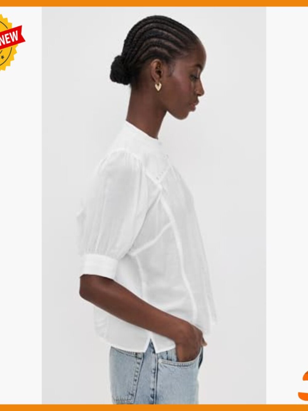 Embroidered Puff-Sleeve Band-Collar Shirt, Lightweight Voile Fabric - Picture 5 of 6